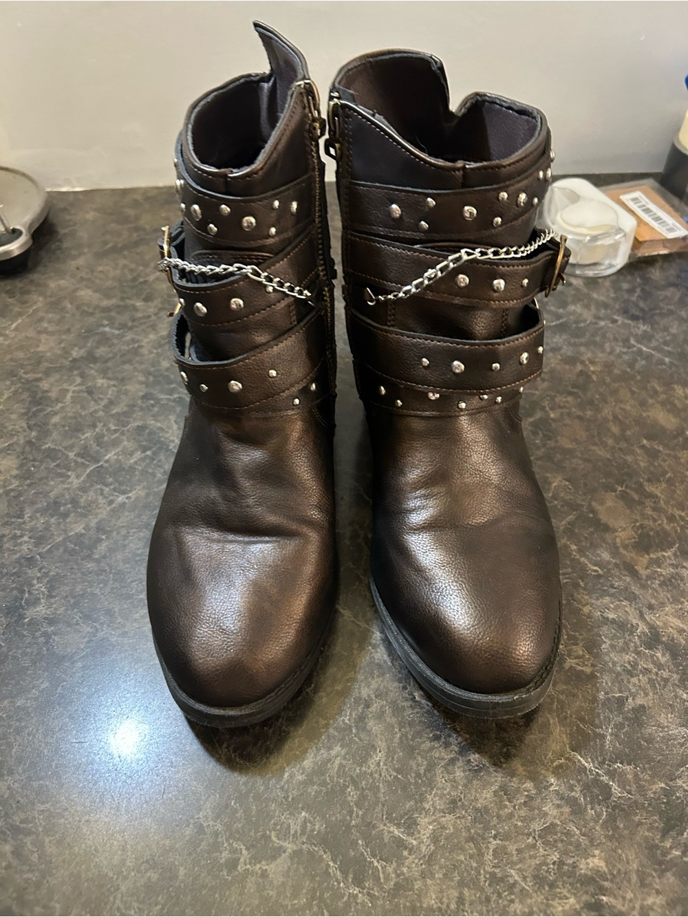 Brown studded moto biker ankle boots chain buckle straps size 8.5